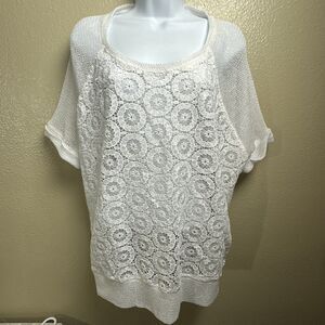 Chico's White Open Knit Floral Design Short Sleeves Top Size 3